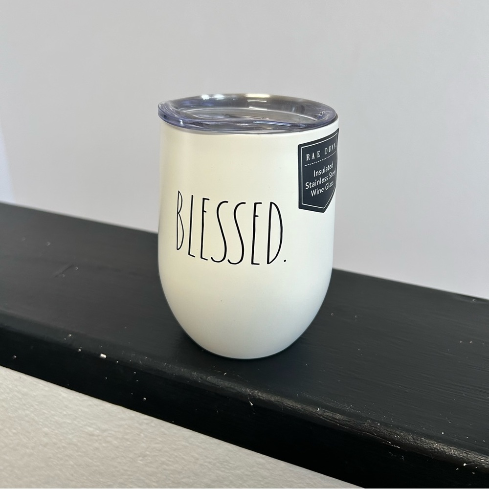 Rae‎ Dunn Blessed Insulated Stainless Steel Wine Glass White Black New